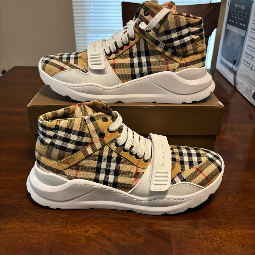Burberry Plaid High-Top Sneakers - Beige and Black - Picture 3 of 8